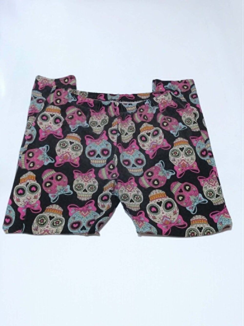Size 11/13 L - Pastel Sugar Skulls with Large Bows on Black Leggings